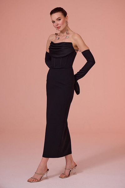 Carmen Black Gloved Crepe Evening Dress