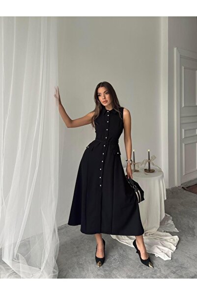 conconmoda Carolina İnci Düğmeli Uzun Atlas Elbise