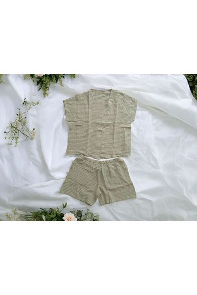 enmodaiçgiyim Green 100% Cotton Linen Women's Shorts Suit