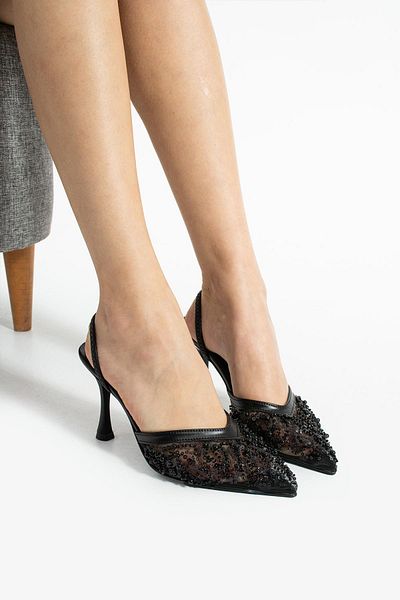 diclepolat Mari Black Mesh Bead Detaliat Deget Ascuțit Pantofi Damă Cu Toc 8 Cm