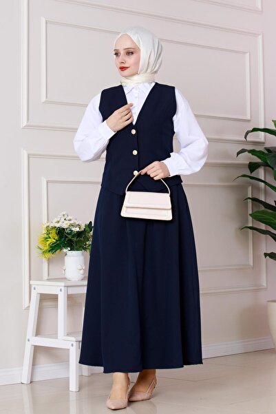 Sevitli Cemre Double Suit with Vest-Navy Blue
