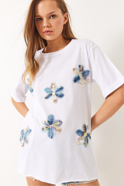 Bianco Lucci Γυναικείο φλοράλ κεντημένο φαρδύ ποδήλατο - T-shirt με σκισίματα στο πλάι 60283068