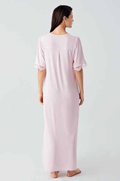 Artış Lace Buttoned Short Sleeve Stretchy Viscose Long Nightgown