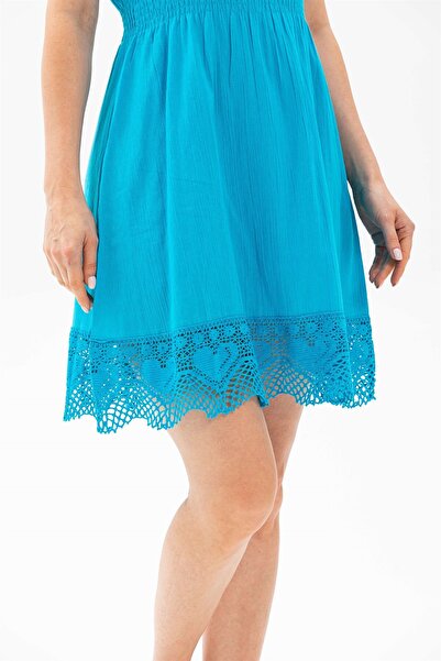 Eliş Şile Bezi Strappy Sile Cloth Braided Mini Summer Dress Turquoise Trkz