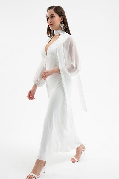Lafaba Women's White Chiffon Garnished Dress