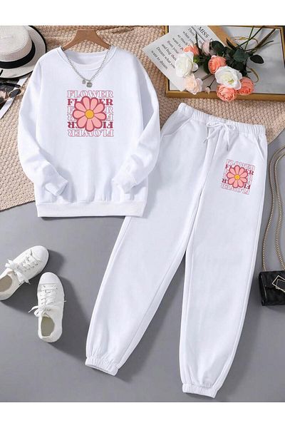 RPT MODA Relaxed Cut Flower Print Detail Oversized Cycling Collar Double Set Tracksuit Bottom and Top