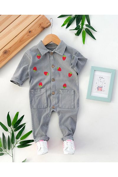 BayBayCo Bebi̇too Strawberry Patterned Denim Jumpsuit Dress