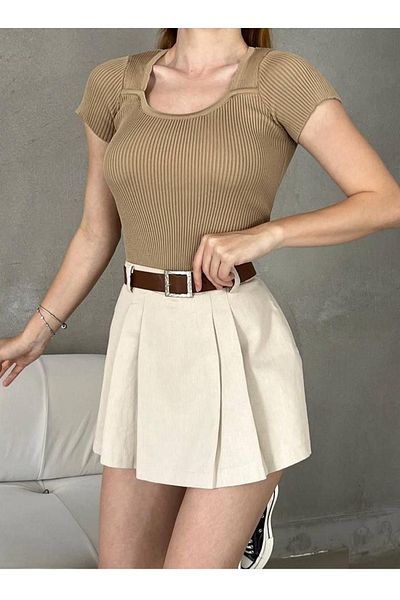 lovebox Ribbed Textured Short Sleeve Mink Blouse 0303