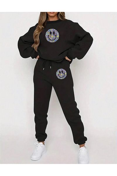 RPT MODA Relaxed Cut Flower Emojis Print Detail Oversized Cycling Collar Double Team Tracksuit Bottom and Top