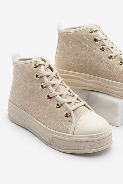 Marjin Women's Sneaker Lace-Up High Top Linen Embroidered Sports Shoes Havela Ecru
