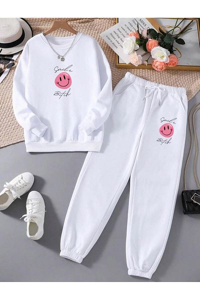 RPT MODA RELAXED FIT PINK EMOJI PRINT DETAIL OVERSIZED BICYCLE COLLAR TWO PIECE TRACKSUIT TOP AND BOTTOM