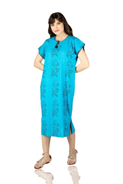 Eliş Şile Bezi فستان بأكمام قصيرة - نمط الزنبق متوسط ​​الطول - تركواز/Trkz