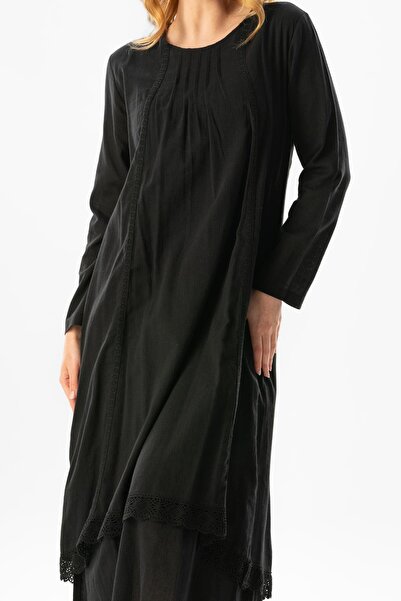 Eliş Şile Bezi Μακρυμάνικο ύφασμα με ραβδώσεις μακρύ χιτζάμπ φόρεμα μαύρο μαύρο