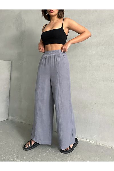 BEJNA Women's Gray Muslin Loose Cut Trousers