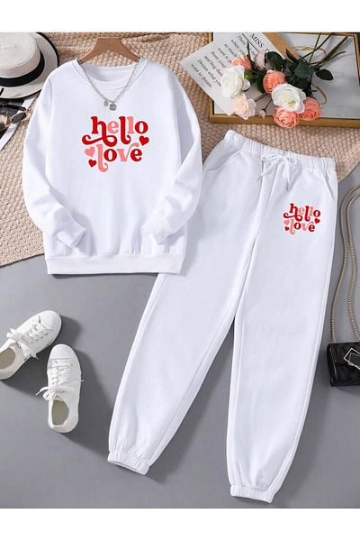 RPT MODA RELAXED FIT HELLO LOVE PRINT DETAIL OVERSIZED BICYCLE COLLAR TWO-PIECE SUIT TRACKSUIT TOP AND BOTTOM