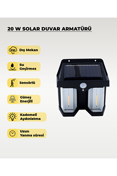 AC AYDINLATMA 20W Sensörlü Solar Aplik 3200K (Sarı Işık)