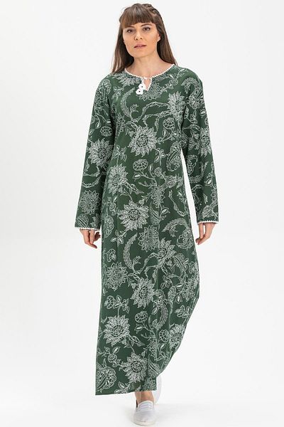 Eliş Şile Bezi Long Sleeve Plus Size Sile Cloth Printed Long Summer Dress Sycamore Pattern Green Ysl