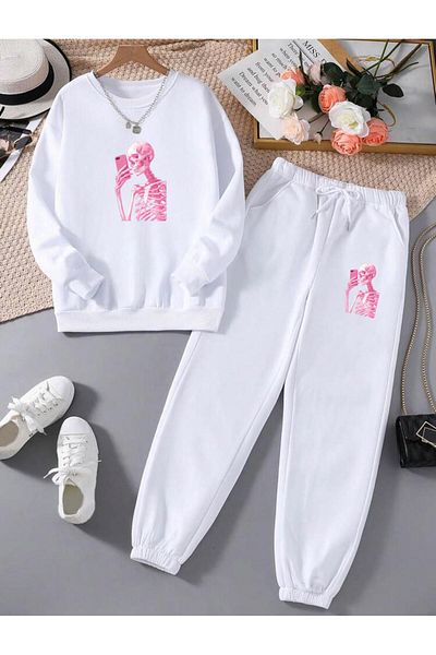 RPT MODA Relaxed Cut Pink Skeleton Print Detail Oversized Cycling Collar Double Team Tracksuit Bottom and Top