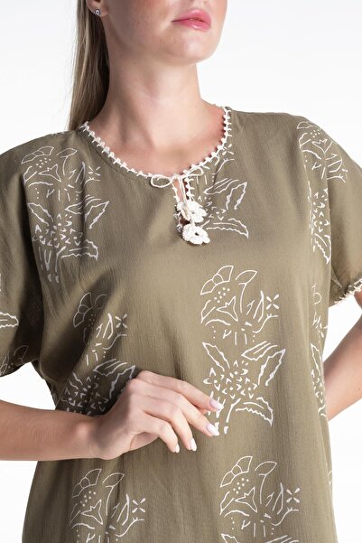 Eliş Şile Bezi Short Sleeve Sile Fabric Printed Lily Pattern Midi Length Summer Dress Khaki Hk