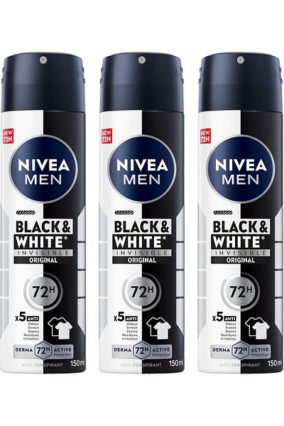 NIVEA MEN Antiperspirant Spray for Men, Black & White Invisible Protection Original, 3x150ml