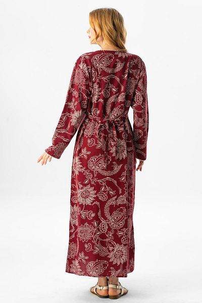 Eliş Şile Bezi Long Sleeve Plus Size Sile Cloth Printed Long Summer Dress Sycamore Pattern Burgundy Brd