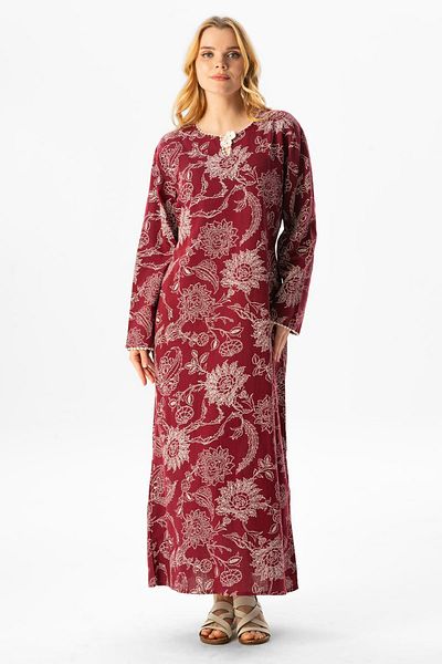 Eliş Şile Bezi Long Sleeve Plus Size Sile Cloth Printed Long Summer Dress Sycamore Pattern Burgundy Brd