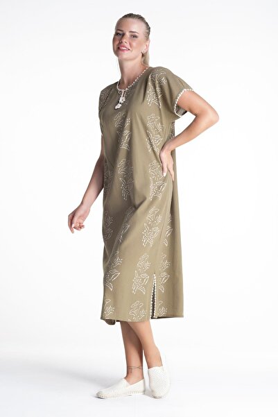 Eliş Şile Bezi Short Sleeve Sile Fabric Printed Lily Pattern Midi Length Summer Dress Khaki Hk