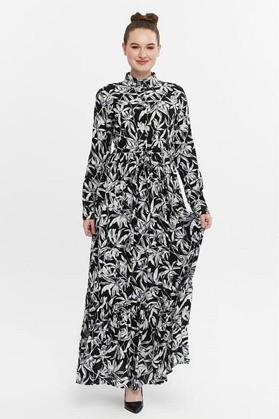 Jamila Buttoned Gathered Patterned Women's Hijab Dress