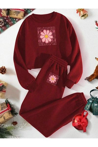 RPT MODA Relaxed Cut Flower Print Detail Oversized Cycling Collar Double Set Tracksuit Bottom and Top