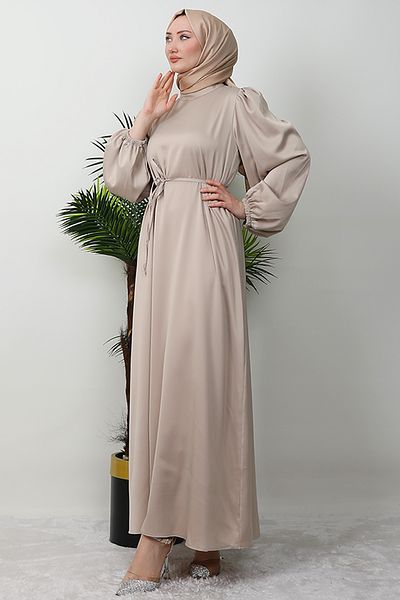 GİZ AGİYİM Cream Satin Dress - Thin Belted