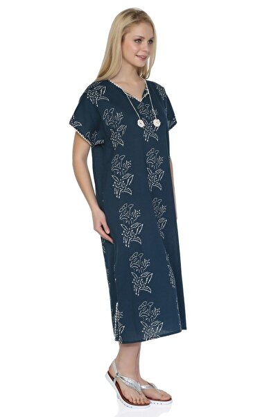 Eliş Şile Bezi Κοντό μανίκι ύφασμα Sile, εμπριμέ μοτίβο κρίνου Μίντι μήκους καλοκαιρινό φόρεμα Petrol Ptrl