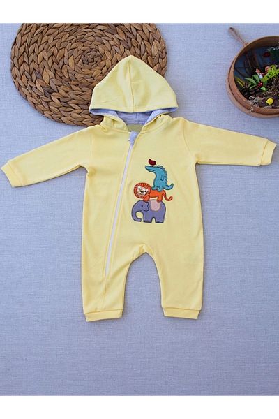 Skygo 6-9 9-12 Months Ef Cartoon Zippered Animal World Embroidered Hooded Baby Girl and Boy Jumpsuit