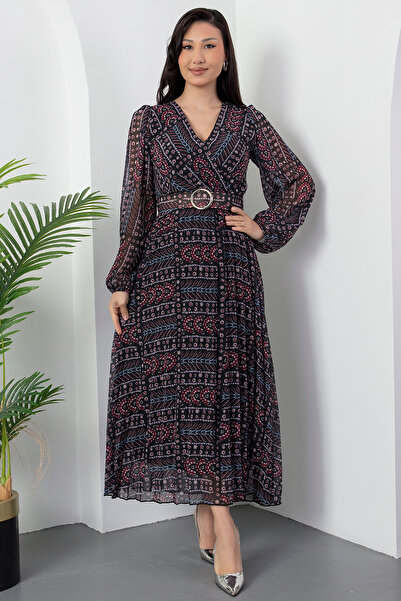 PULLIMM Kruvaze Yaka Uzun Kol Şifon Elbise 2024-3029