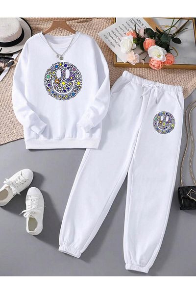 RPT MODA Relaxed Cut Flower Emojis Print Detail Oversized Cycling Collar Double Team Tracksuit Bottom and Top