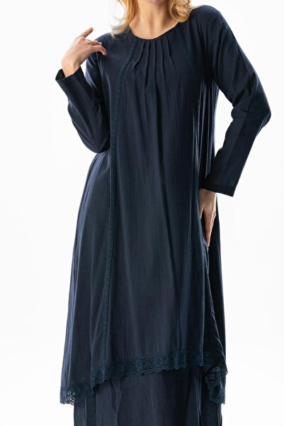 Eliş Şile Bezi Μακρυμάνικο ύφασμα Şile με ραβδώσεις Μακρύ φόρεμα Hijab Navy Blue Lcvt