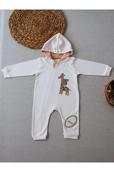 Mu Art 6-9 9-12 Months Ef Line Size Zippered Giraffe Embroidered Hooded Baby Romper for Girls Boys Ecru