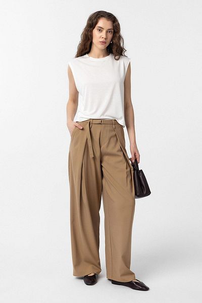 Antioch Camel Belted Pleated Women's Trousers
