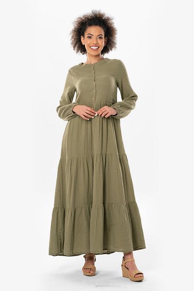 Eliş Şile Bezi Rochie de muselină de vară Akay cu mâneci lungi cu nasturi lungi Kaki Hk