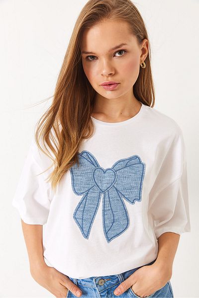 Bianco Lucci Tricou supradimensionat pentru femei, cu panglică din denim, cu decolteu rotund 6004 60283088