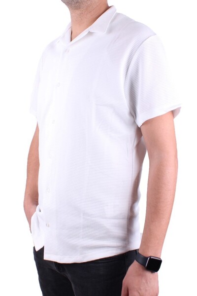 DAGOSTER Dmg23-199598 Ecru Ottoman Knitted Apaj Collar Oversize Fit Short Sleeve Men's Shirt