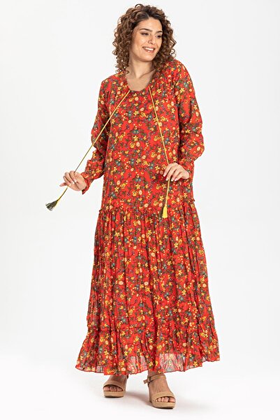 Eliş Şile Bezi Voál s dlouhým rukávem Gonca Dlouhé letní šaty Bud vzor oranžová 6168