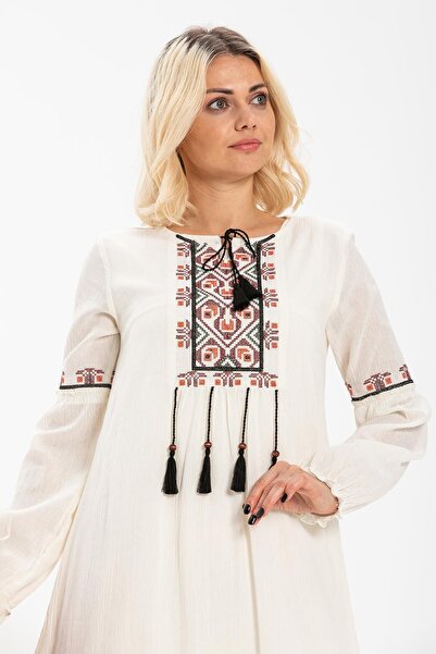 Eliş Şile Bezi Long Sleeve Sile Cloth Seher Long Dress Cream Red