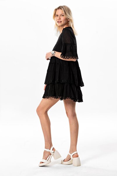 Eliş Şile Bezi Κοντό μανίκι Voile Şebnem Lace Up Κοντό καλοκαιρινό φόρεμα μαύρο Syh
