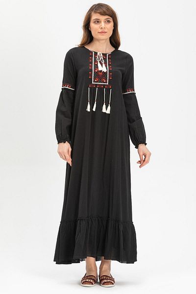 Eliş Şile Bezi Pânză Şile cu mânecă lungă - Rochie neagră Seher Long Hijab