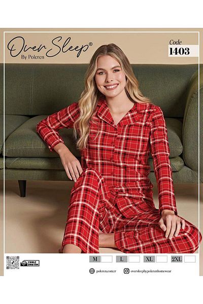 Over Sleep by Poleren Red Color Plaid Shirt Collar Long Sleeve Women's Pajama Set