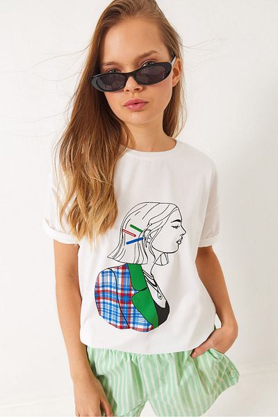 Bianco Lucci Tricou de damă, imprimat supradimensionat, cu mânecă scurtă din bumbac pieptănat 3072 60283080