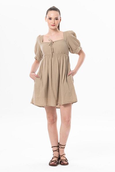 Eliş Şile Bezi Short Sleeve Lara Square Collar Lacing Detailed Summer Muslin Dress Mink Vzn