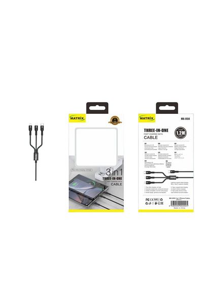 Matrix 3in1 Type-C Charging Cable - 1.2 Meter - Black - MX 850