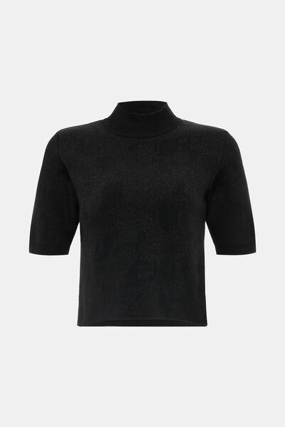 W Collection Black Stand Collar Short Sleeve Jacquard Sweater