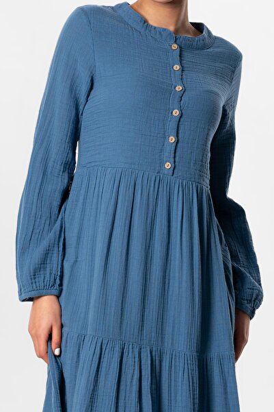 Eliş Şile Bezi Long Sleeve Akay Long Button Detail Summer Muslin Dress Indigo indg